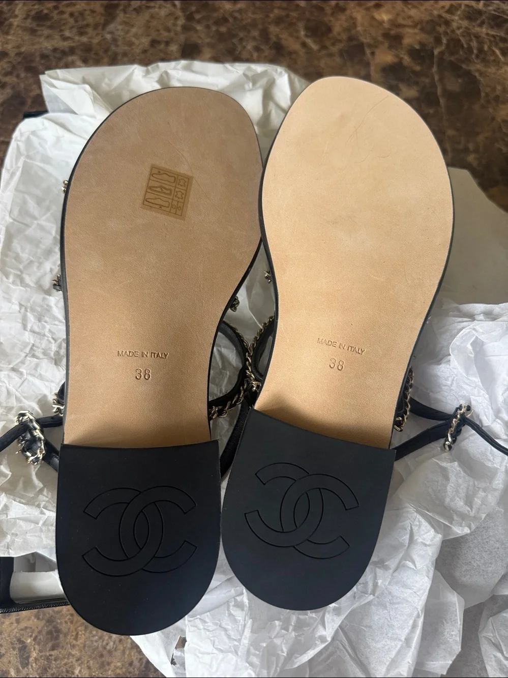 Chanel black leather gold chain sandals flats charms sz 38